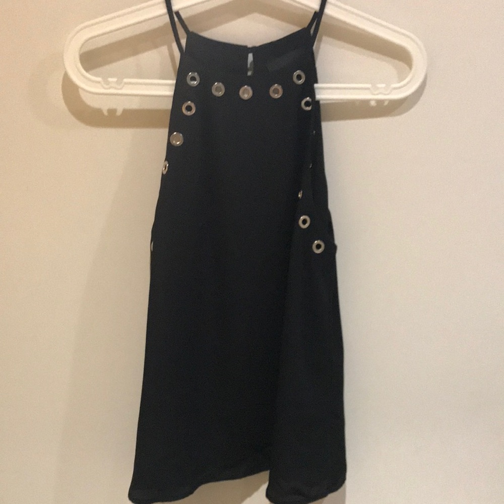 Black high necked sleeveless blouse